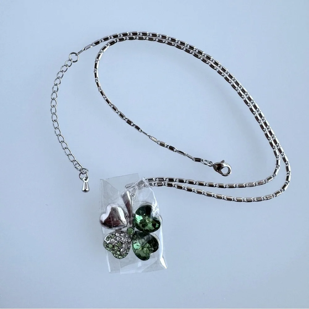 DAHLIA Four Leaf Clover Pendant Necklace Silver Tone Green Crystal Cz Heart Luck